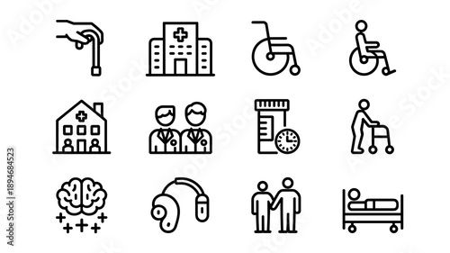 Healthcare medical line icons vector set depicting hospital building doctors wheelchair patient brain hearing aid medicine elderly care diverse health assistance symbols for clinic websites and apps d