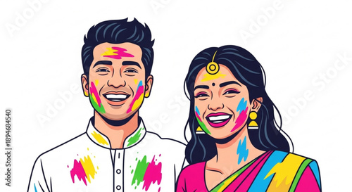 Young indian couple celebrating holi festival with colorful paint on faces and clothes smiling together