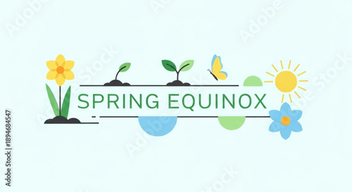 Spring equinox illustration featuring blooming flowers growing seedlings butterfly and sun symbolizing renewal and seasonal change