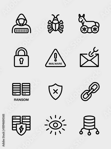 Cybersecurity threat icons showing hacker malware ransomware phishing vulnerability data breach security shield concept for computer protection network safety digital privacy internet security awarene