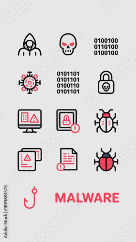 Cybersecurity threat icons set depicting malware virus hacking and data breach vulnerability dangers with skull hooded hacker bug binary code and phishing hook for it security digital protection and a