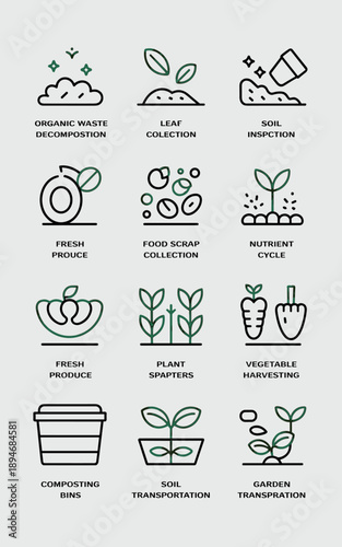 Vector icon set of organic waste composting, fresh produce, and soil nutrient cycle in modern minimalist style for eco-friendly agriculture sustainable farming environmental conservation recycling ini