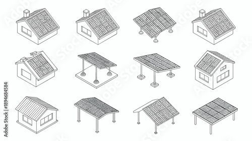 Isometric solar panel installation line art on house roof and carport structure renewable energy system for sustainable home and vehicle environmental solution clean power generation residential archi