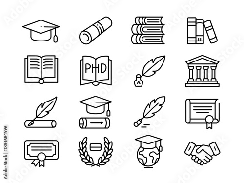 Education and Graduation Line Icons Symbols Set for University Academic Success College Degree Learning and Knowledge Achievement with Graduation Cap Diploma Book and Handshake for Educational Present