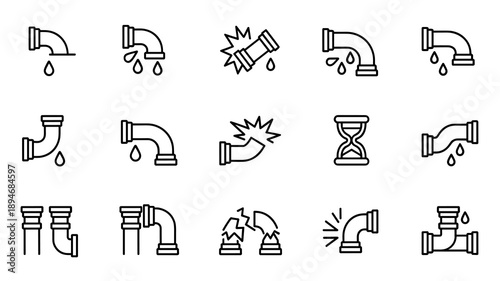 Plumbing pipes with leaks and cracks outline icon set showing damaged broken and leaking pipes repair plumbing service plumber water damage prevention construction building maintenance concept vector