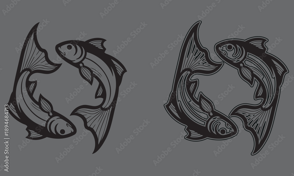 Obraz premium Two black and white fish forming a circular pattern on gray background