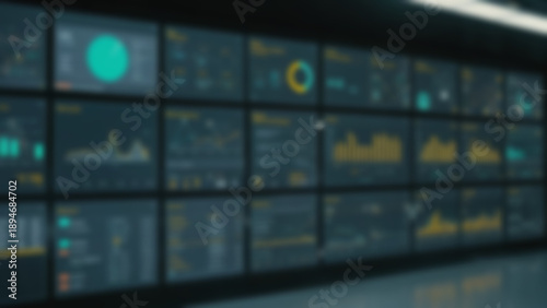 Blurred background of Smart factory dashboard showing AI driven analytics on wall ized displays, clean data visualization and minimal UI, industrial operations center background, afternoon.