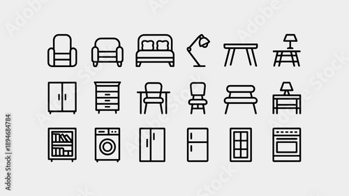 Minimalist furniture icons on white backdrop featuring sofa chair bed table lamp cupboard washing machine fridge oven window and bookcase for interior design projects home decor websites and furniture