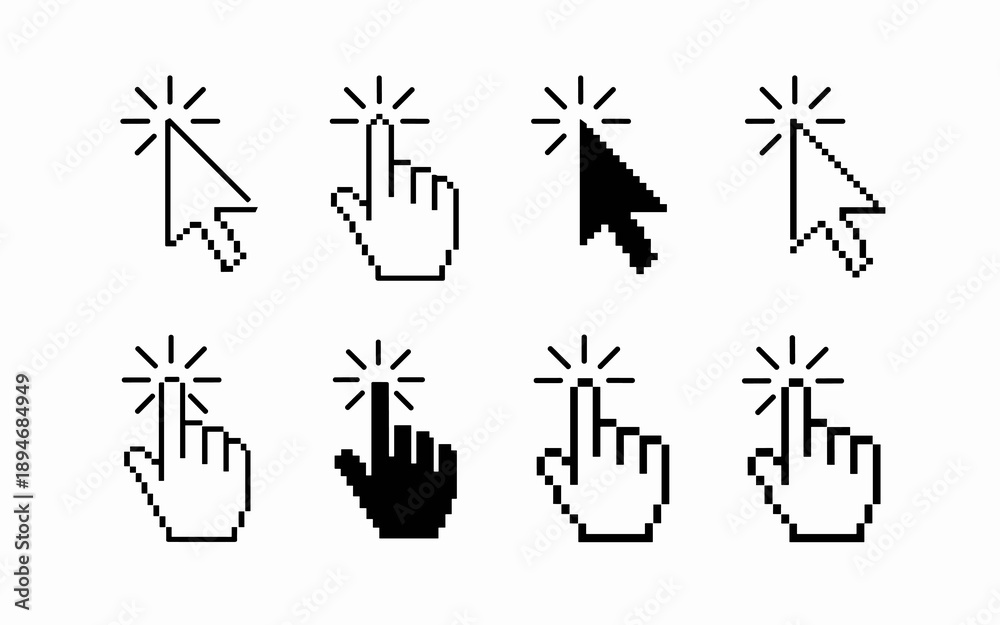 Fototapeta premium Pixelated cursor clicking icons set for website interface design pointing hand finger tap interactive vector illustration for technology user experience online digital communication presentations tuto
