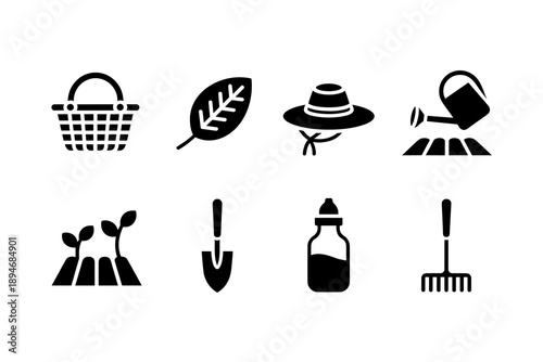 Gardening tools and accessories icon set for organic farming vegetable garden care cultivation hobby illustration vector graphic element for agriculture sustainable living environment friendly lifesty