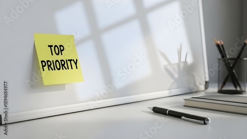 Yellow sticky note displaying the crucial words top priority attached to a clean white office whiteboard symbolizing immediate importance and focused work.