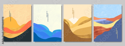 Vector illustration. Landscape backgrounds with abstract hills, topographic lines, and gold textures. Design elements for a poster, cover, magazine, postcard, flyer, or invitation. Japanese motif