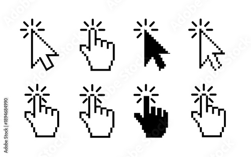 Pixelated Cursors and Hand Pointers Clicking for Website Navigation and User Interface Design modern graphic elements digital interaction pointing symbols for presentations and software development te