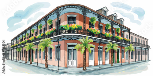 Watercolor painting capturing historic French Quarter architecture in New Orleans Louisiana with wrought iron balconies vibrant flowers palm trees lining street showcasing classic urban southern charm