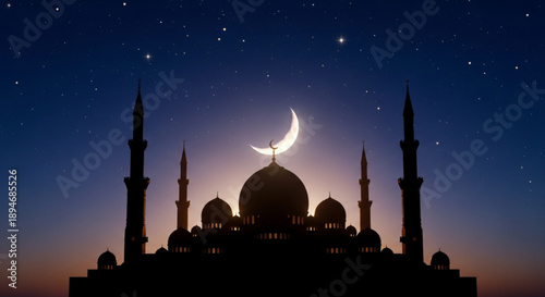 Serene mosque silhouette at night with crescent moon and stars in the sky peaceful islamic architecture scene