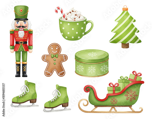 Festive Christmas Holiday Collection with Nutcracker Gingerbread Man Hot Chocolate Ice Skates Tree and Sleigh