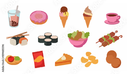 Colorful Cartoon Food and Drink Icons Set with Bubble Tea and Snacks