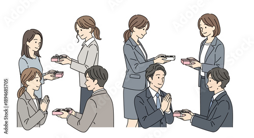 Vector illustration of a Japanese Valentine's Day tradition, where men and women exchange chocolate gifts, known as Giri Choco and Honmei Choco, in a simple and colorful style against a