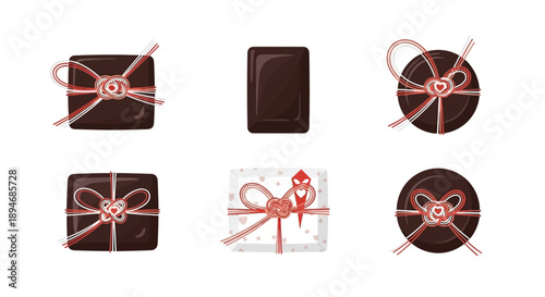 Vector illustration of Japanese-style Valentine's Day chocolates and gifts with pink ribbons on a white background, celebrating the tradition of Giri Choco and Honmei in Japan.