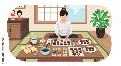 Vector illustration of a woman preparing various types of Japanese chocolates and gifts on a table in a traditional Japanese room for Valentine's Day celebration.