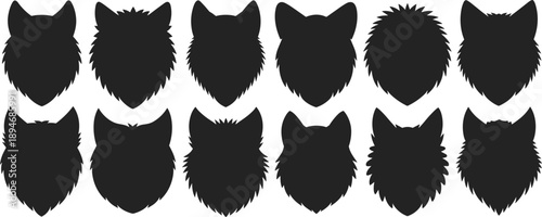 Black Wolf Head Silhouette Vector Collection Set Featuring Wild Predator Animal Face Profiles for Hunting Club Logo Design and Mascot Branding