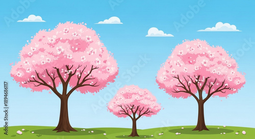 Spring equinox logo with cherry blossoms and sun symbol on blue background