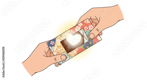 Vector illustration of a person giving a traditional Japanese Giri Choco gift on Valentine's Day, with a chocolate bar wrapped in colorful floral patterns on a plain background.