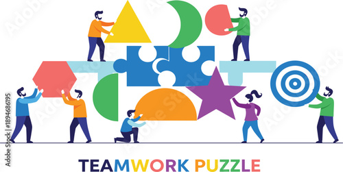 Teamwork Puzzle Collaboration Concept Illustration with People Solving Shapes, Business Problem Solving, Strategy Planning, and Cooperative Success Vector Design