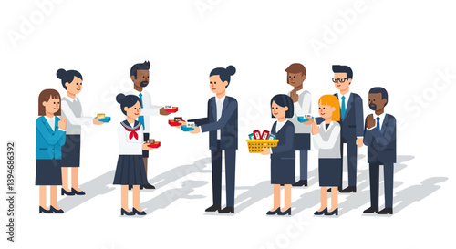Vector illustration of a Japanese Valentine's Day celebration with people exchanging chocolates as gifts in a traditional Giri Choco and Honmei chocolate-giving custom.