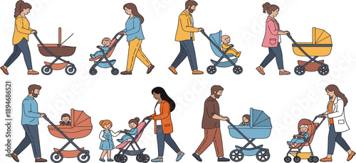 Parents Walking with Baby Strollers Character Set Showing Family Life, Parenting Routine, Childcare Activities, and Everyday Lifestyle Flat Vector Illustration