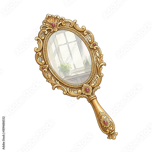 Ornate Golden Hand Mirror Reflecting a Bright Window with Potted Plant Vintage Illustration Style
