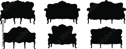 Collection of elegant vintage sofa silhouettes and antique luxury couch icons isolated on white background for interior design and home decor