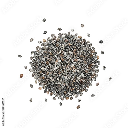 Numerous healthy chia seeds form a pile with some scattered around against a clean white backdrop