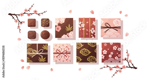 Vector illustration of Japanese Valentine's Day chocolate gifts and Giri Choco Honmei tradition, with various wrapped chocolates and pink cherry blossoms on a white background.
