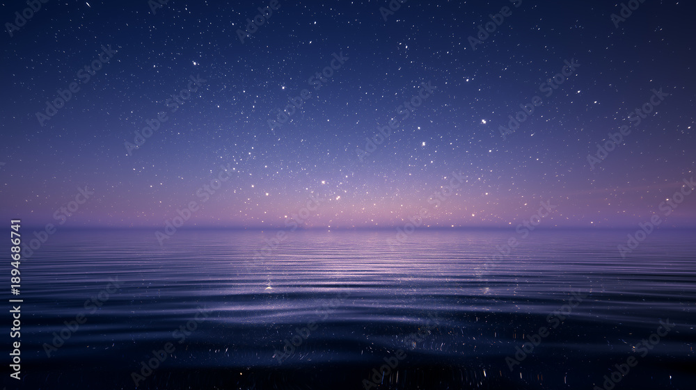 Fototapeta premium 夜空から舞い降りた無数の光が水面に揺れて反射し、幻想的な空間を演出する神秘的で非現実的な癒し系の自然背景イメージ素材