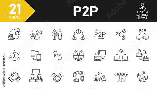 Peer-to-peer P2P line icon set. Set of 21 outline icons related to p2p, peer to peer, employees, networking, connection, co-workers,  and others. Editable stroke. Vector illustration.