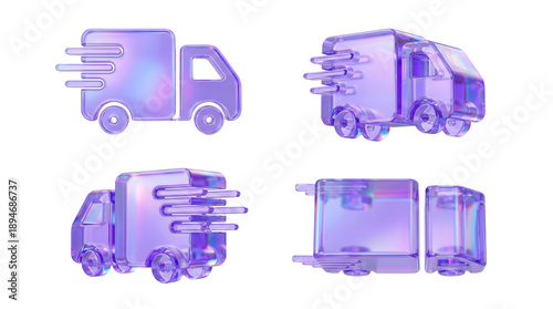 Set of delivery truck variations in holographic glass style with motion trails