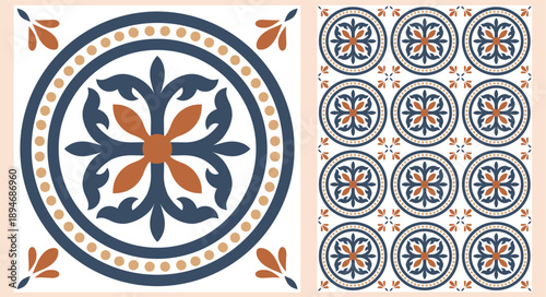 Portuguese ceramic tile seamless pattern, Sicilian, Mediterranean, Spanish tile traditional design, porcelain pottery. Mosaic. Vector endless background