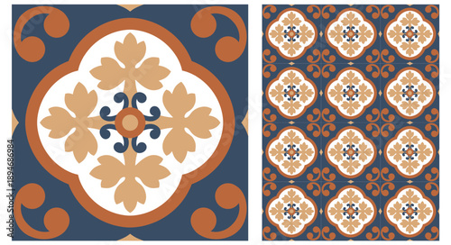 Portuguese ceramic tile seamless pattern, Sicilian, Mediterranean, Spanish tile traditional design, porcelain pottery. Mosaic. Vector endless background