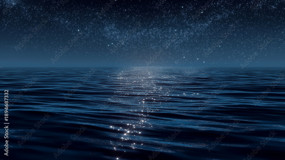 Fototapeta premium 星空が水に溶け込んだような神秘的で幻想的な水面の光景を描いたストックフォト素材で、癒しや夢幻的な映像に最適な背景素材