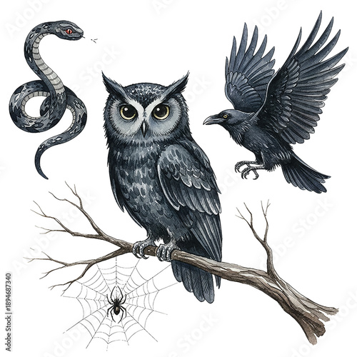 Dark forest creatures owl crow snake spider on branch with web nocturnal mysterious illustration