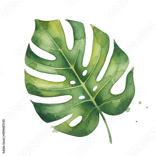 Vibrant Green Monstera Leaf Watercolor Illustration with Artistic Paint Splatters and Textured Details