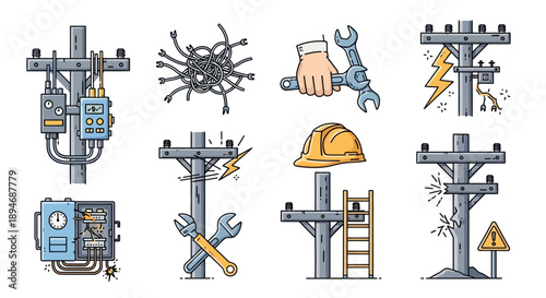 Electrical power pole maintenance and repair icons set.