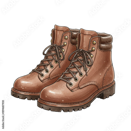 Brown Leather Waterproof Hiking Boots with Laces and Rugged Soles in a Watercolor Illustration Style