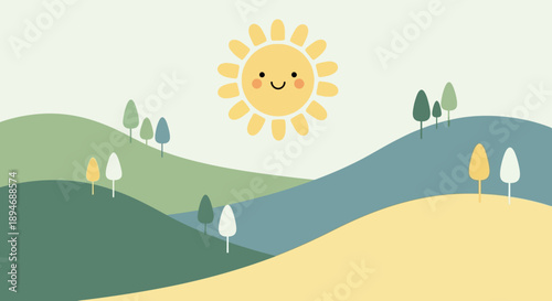 Bright and cheerful cartoon sun character smiling brightly above a serene, gentle landscape illustration featuring rolling hills and stylized trees on a sunny day