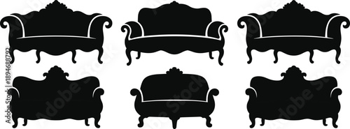 Set of Six Vintage Luxury Sofa Silhouettes with Antique Classic Furniture Designs Isolated on White Background for Interior Design and Home Decor