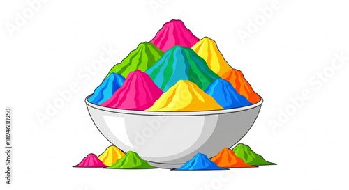 Bowl overflowing with colorful Holi powder vibrant pigment piles for festival celebration isolated on white background