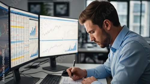 Male Analyst Intently Studying Complex Financial Data on Dual Monitors