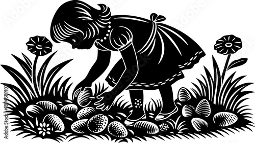 A young girl kneeling in a garden, collecting eggs from a nest surrounded by flowers and foliage, serene atmosphere, gentle viewpoint