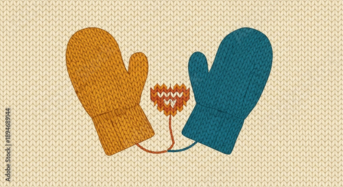 Knitted Mittens with Heart Valentine Concept